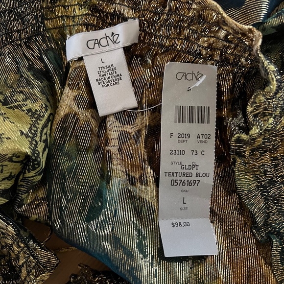 Cache Top Blouse Shirt L Large Sheer Gold Blue Brown Print Metallic Silk Vintage - Picture 5 of 6